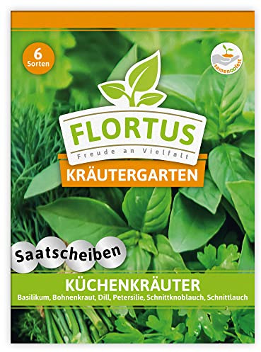FLORTUS Küchenkräuter Saatscheiben | 6 Sorten | Kräutersamen in praktischen Saatscheiben | Kräuter Samen Mix | Kräutersamen für Basilikum, Bohnenkraut, Dill, Petersilie, Schnittknoblauch, Schnittlauch