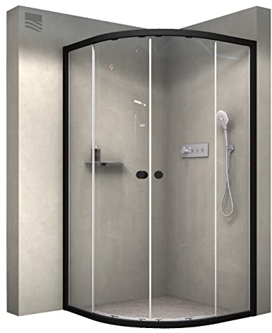 BERNSTEIN Viertelkreis Duschkabine 100 x 100 cm Runddusche mit Rahmen in Schwarz matt Schiebetür Eckeinstieg ESG Nano Glas-Dusche Platzsparende Duschabtennung