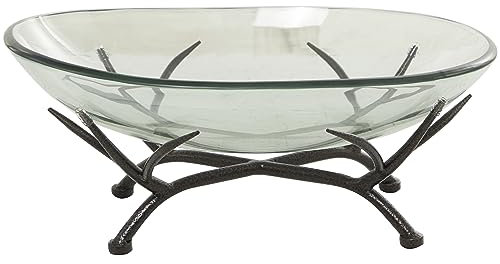 Deco 79 Glass Kitchen Serving Bowl with Black Metal Branch Stand, 17 x 13 x 8, Clear