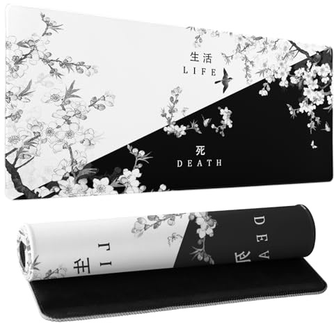 Tapis de souris de jeu en fleur de cerisier noir et blanc XL - Grand tapis de souris japonais Sakura Death Life - Tapis de souris avec bords en caoutchouc antidérapants - 80 x 30 cm
