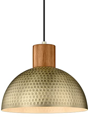 ELYONA Vintage Pendant Light Fixtures, 12” Brushed Brass Hammered Metal & Rubber Wood Industrial Dome Hanging Lamp, Antique Gold Kitchen Pendant Light for Island, Farmhouse, Sink, Dining Room, Hallway