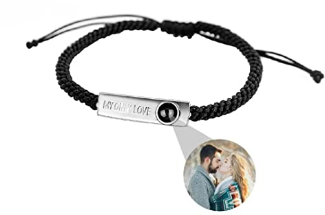 Personalisierte Foto Armband Projektionsarmband mit Bild im Stein Projektion Armband Ich Liebe Dich Armband 100 Sprachen für Damen Herren Denkmal Freundschaft Paar Armband Einstellbar Seilband