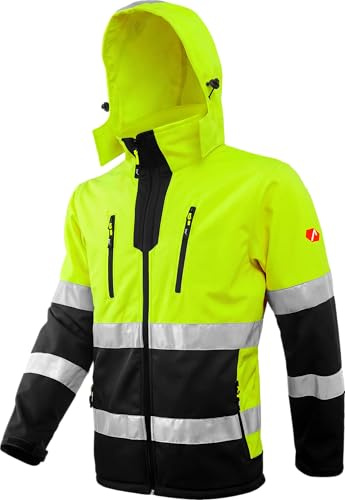 ACE Neon Chaqueta de alta visibilidad: resistente chaqueta softshell de advertencia con reflectores y capucha desmontable - EN ISO 20471 - Amarillo - S