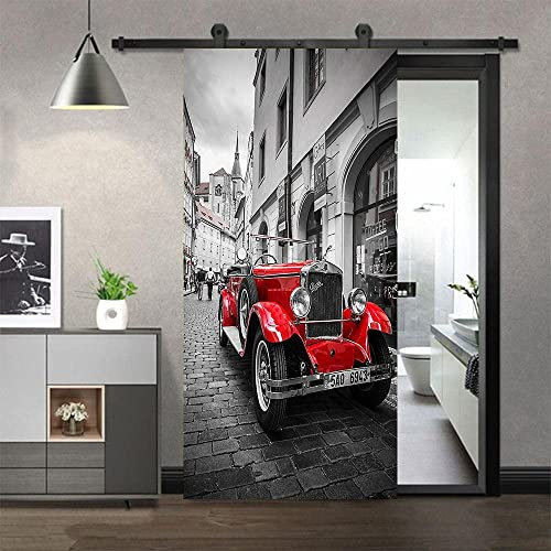 3D Kreative Türaufkleber Einfachheit Fenster Straße Rotes Auto 90 X 200 Cm Türtapete Selbstklebend Türposter - Fototapete 3D Effekt Türfolie Poster Tapete Wandtattoo Diy Selbstklebende Wandbild