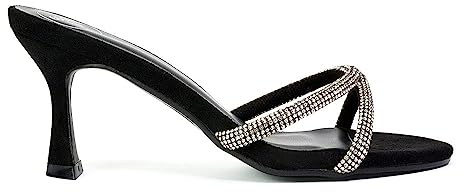 ESSEX GLAM Womens Slip On Mule Heeled Sandals Ladies Stiletto Strappy Diamante Party Shoes Size 3-8