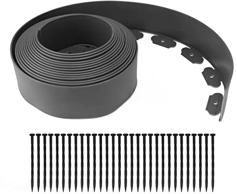 Tnfeeon Landscape Edging Kit Garden Border Lawn Edging Roll Kit PE No Dig Tall Wall Garden Border with Stakes for Lawn Flower Bed Grass Yard (Grey)