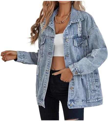 LifeShe Chaqueta de mezclilla larga de gran tamaño para mujer, chaqueta de mezclilla desgastada, Azul/claro, Large
