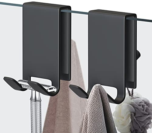 KITHOLD Lot de 2 crochets de porte de douche, triple crochet pour serviette de douche, porte en verre sans cadre, en acier inoxydable pour suspendre serviettes, rasoir, raclette de douche (noir)
