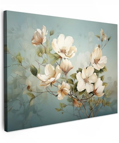 MuchoWow© Bilder Wohnzimmer Deko Modern Wandbild Foto auf Leinwand Bild | 80x60 cm - Schlafzimmer Room Decor Geschenke Vintage - Blumen - Weiß - Zweige - Natur