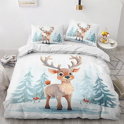 GEDAEUBA Winter Bettwäsche 135x200 Weihnachten - Kinder Rentier Bettbezug 135 x 200 2er Set, Wendebettwäsche und Kissenbezug 80x80, Weiche & Angenehme Mikrofaser Bettwäsche-Sets mit Reißverschluss