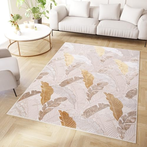 TAPISO Crystal Teppich Kurzflor Glänzend Gold Vogelfeder 160 x 220 cm | Floral Wohnzimmer 3D Effekt Modern Design Schlafzimmer OEKO-TEX