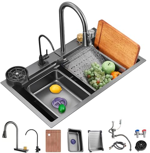 Ribanedy Évier de cuisine nano noir en acier inoxydable 304 avec robinet multifonction cascade pour lieu de travail (noir, 68 x 45 cm)