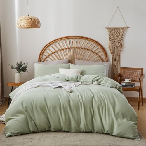 Sedefen Doppelte Musselin Bettwäsche 155x220 cm Baumwolle Leinen Grün Bettwäsche Set 2tlg,1 Bettbezug mit Reißverschluss und 1 Kissenbezug 80x80cm,85% Baumwolle und 15% Leinen Bettwäsche