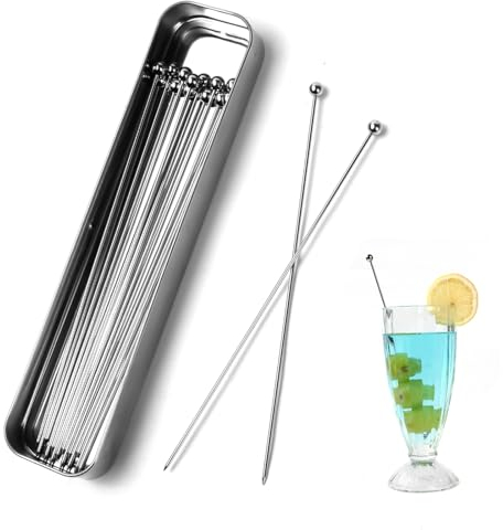 Lexenic 8'' Metal Cocktail Picks 15Pack+Storage Box Kit,Premium 304 Stainless Steel Reusable Appetizer Skewers Set for Sandwiches, BBQ Snacks, Cocktails. (8 inch), (CT-UNLZ-CP66)