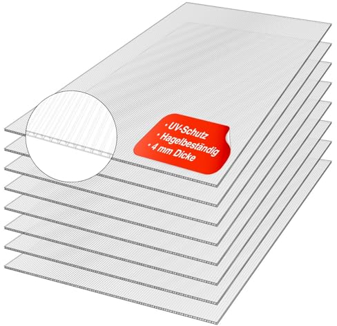Exeta 14x Gewächshausplatten 4 mm I Polycarbonat Hohlkammerplatten für Gewächshäuser I Set inkl. 50 W-Klammern & 50 Z-Clip I PC Doppelstegplatten bruchsicher I 60,5cm x 121cm I Transparent
