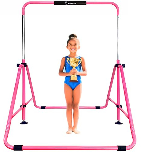 MARFULA Kip Bar Folding Gymnastic Bar with 5 FT Base Length 9 Height Levels Gymnastic Training Bar for Girls and Boys Between 3-9 Years Old At Home and Club Use