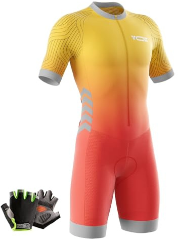 MTB triathlon tri-dräkt för män, vadderad ärmlös dräkt, bra passform, cykling, träning, vägcykel + cykelhandskar (typ-8,4XL)