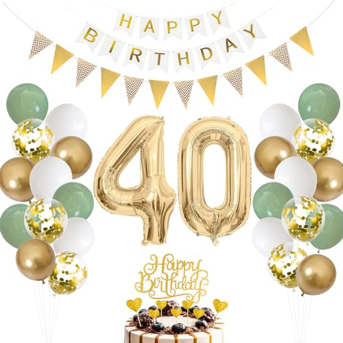 40. Geburtstag Deko Salbeigrüne - Luftballon für Männer und Frauen, Ballon Grün Weiß Gold, Zahl 40 Folienballon, Tortendeko für 40. Dekoration