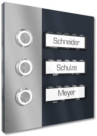Graviers Design Mehrfamilienhaus Aufputz Klingel 3 Namensschilder austauschbar - V2A Edelstahl Türklingel 140x150 mm Pulverbeschichtet RAL 7016 - LED Klingeltaster Beleuchtung wählbar