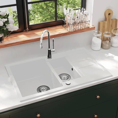 LAPOOH Granite Kitchen Sink Double Basins White,Kitchen Sink,Kitchen Sink Accessories-144859