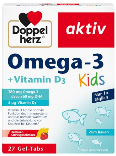 Doppelherz Omega-3 + Vitamin D3 Kids - mit Erdbeer-Citrusgeschmack | Vitamin D wird für ein gesundes Wachstum & eine gesunde Entwicklung der Knochen bei Kindern benötigt - 27 Gel-Tabs