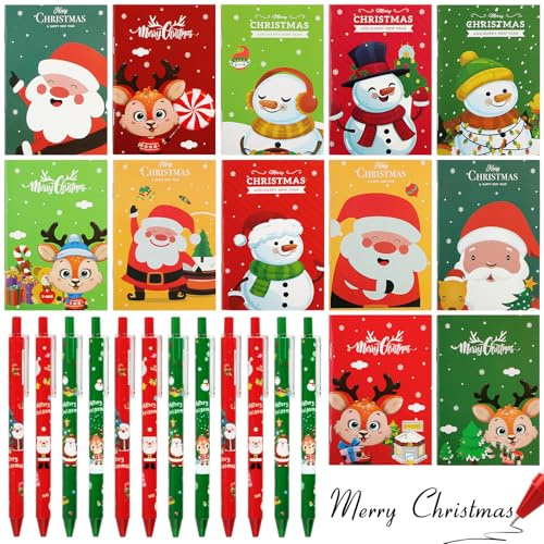 BOOMTOP 12x Weihnachten Kugelschreiber 12x Weihnachten Mini Notizblöcke 0,5mm Druckkugelschreiber Tasche Notizbuch Kleine Weihnachtsgeschenke Kollegen Adventskalender Füllung Ideen Kleinigkeiten