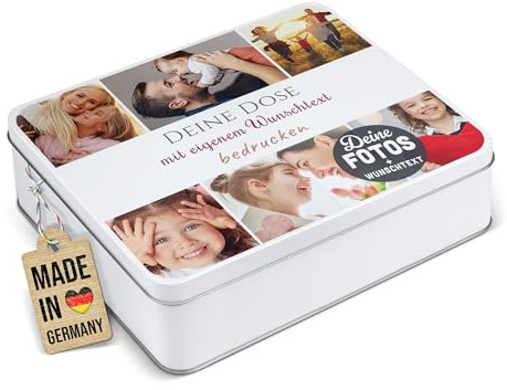 Print Royal PR Geschenkdose selbst gestalten mit 6 Fotos & 3 Zeilen Text - Blechdose bedrucken, Personalisierte Keksdose - Muttertagsgeschenk, Geburtstag, Weihnachten | Rechteckig weiß, 1500 ml