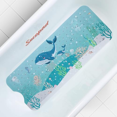 Secopad Badewannenmatte rutschfest Kinder, 100 x 40 cm, Wal | 100% BPA-frei, Rutschfest, Starke Saugkraft, Cartoon-Design für Kinder, Gute Wasserableitung und Leicht zu Reinigen