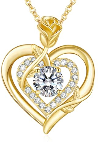 LAVUMO Moissanite Halskette Damen Silber 925 Herz Rose Schmuck Geschenke | Kette Damen Gold/Rosegold/Silber Doppel Rose Anhänger Weihnachten Valentinstag Geburtstag Geschenke für Frauen Freundin Mama