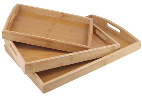 MOUYAT 3 bandejas de madera para servir, bandejas rectangulares de bambú de 3 tamaños con asas sobresalientes, juego de bandejas de madera grandes para servir alimentos, té, desayuno, café, comer