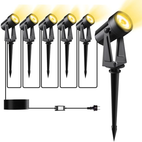 Pogestrand LED Gartenbeleuchtung mit Strom,20M/65FT 6er-1 Set,1500LM 2Wx6 Gartenstrahler 27V COB IP65 Wasserdichter Strahler Warmweiß mit Erdspieß für Außen Garten Yard
