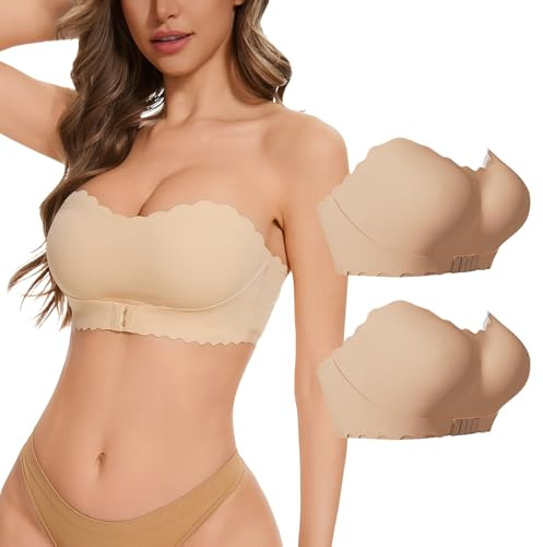 2-pack axelbandslösa bh push up utan bygel, bandeau topp, damer, bralette, ovadderad med transparenta remmar, ett par självhäftande bh, strapless bh, tub, högt stöd, andas för aftonklänningar – S–XL