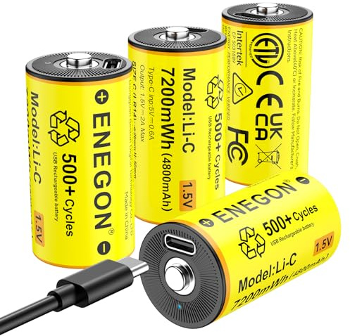 ENEGON Pack de 4 Pilas Recargables de Litio C/LR14 de 1,5V y 7200mWh, con Cable de Carga Rápida USB-C. Compatibles con Reproductores de CD, radios, Linternas, Luces de Emergencia, Juguetes Infantiles