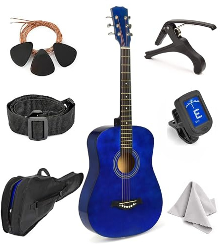 MasterPlay Akustikgitarre für Linkshänder, 76,2 cm, Anfängergitarre für Lerner, akustisches Saiten-Starter-Set: Gitarrentasche, Stimmgerät, Gurt, zusätzliche Saiten, Plektren, Waschlappen, Kapodaster