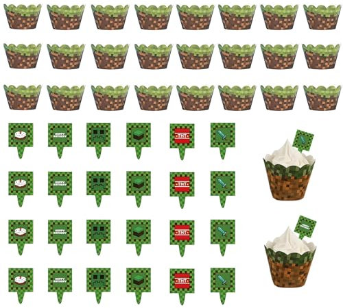 48pcs Pixel Cupcake Toppers Wrappers, 24 Pixel Cake Toppers And 24 Cupcake Wrappers, Pixel Cake Decorations For Birthday Themed Events, Babyshower, Game Party Decorations