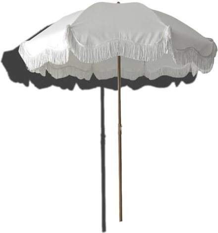 VLKLPZAHAK Windschutz Sonnenschirm Weißer Gartenschirm Höhenverstellbarer Strandschirm Terrassenschirm Für Sand, Runder Tischschirm Boho Vintage Stil