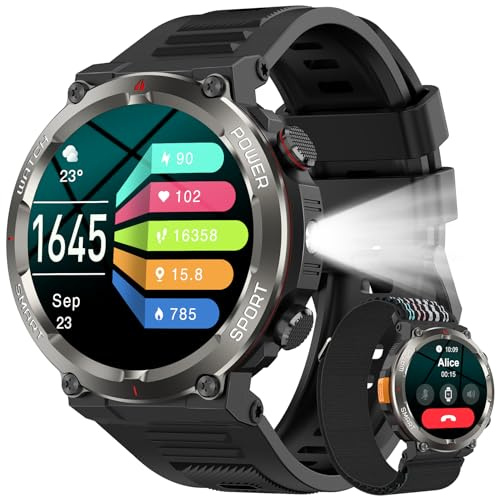 Baolubao Military Smart Watch for Men, Fitness Watch with 100 Days Battery/Flashlight/Compass/2 Straps/Heart Rate/Sleep Monitor/Answer/Make Calls, 120+ Sport Mode Waterproof Smartwatch for iOS Android