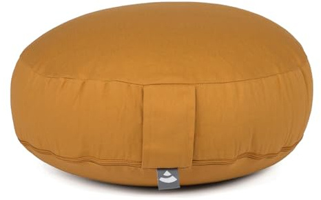 Bodhi Meditationskissen Rondo ECO extra flach | Bodenkissen mit Bio Dinkelfüllung | Bezug aus 100% Baumwolle | Yogakissen mit 15,5 cm Sitzhöhe | Waschbarer Bezug mit Trageschlaufe | honig-gelb