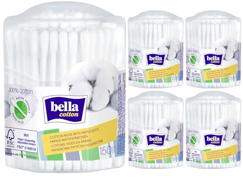 bella cotton Wattestäbchen Papierschaft 750 Stück (5x150) Ohrenstäbchen 100% Baumwolle achteckige Box