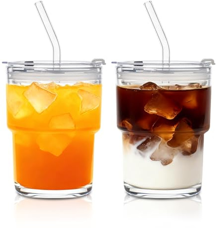 SoulTimes 380ml Glass Tumbler with Lid and Glass Straw Set of 2 – Thick-Walled Iced Coffee Cup, Reusable Clear Glass Cups for Water, Iced Tea, Coffee, Juice, Perfect for On-The-Go & Daily Use