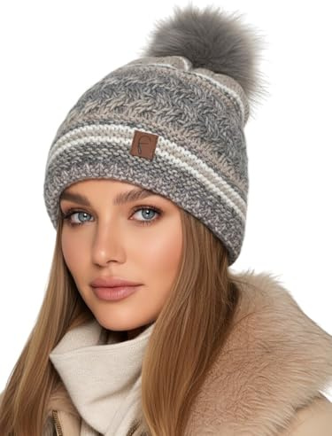 Baesics Bommelmütze Damen Herren - Wintermütze Kunstfell Bommel warm | Mit flauschigem Pompon und weichem Fleecefutter, Größe ca. 54-58 cm, Strick aus der EU. Warm für Herbst, Winter und als