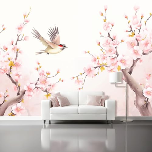 Carta Da Parati Pittura A Inchiostro Orientale Rosa Fiori Di Pesco Uccelli In Volo 250 X 175 Cm Vello Sfondo Murale Xxl Moderne Decorazione Grande Sfondo Per Tv Soggiorno Camera De Letto