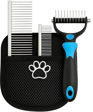Peigne & Brosse Démêlante Chien Chat – Kit Toilettage avec Gant Anti-Poils, Peigne Anti-Puces, Brosse Sous-Poil Double Face – Soin du Poil Chien & Chat Long ou Court