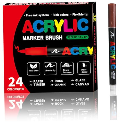 Pennarelli per vernice acrilica 24 colori Pennarelli con punta a pennello morbida acrilici per pittura, tessuto, legno, ceramica, pietra, vetro, tela
