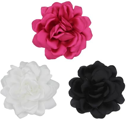 Lot de 3 broches en forme de fleur de rose en satin, 12 cm, couleur unie, fabriquée à la main, accessoire de costume (rouge, noir et blanc)