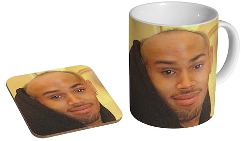 MUGMART Chris Brown Bald Funny Face Gift - Ceramic Coffee Mug + Coaster Gift Set - Internet Viral Moment Humorous Bald Chris Brown Image