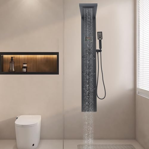 Duschpaneel für Badezimmer Duschsäule 6-in-1 LED Duschpaneel aus Edelstahl 304, Wasserfall- & Regenbrause, Massagedüsen | Temperaturanzeige | Wandmontage, Schwarz
