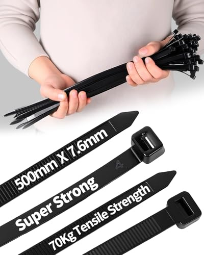 50Pcs Long Heavy Duty Cable Ties Black,500mm x 7.6mm with 70 KGS Ultra Strong Tensile Strength, Large UV Resistant Extra Long Cable Zip Ties Wraps for HVAC Outdoor Construction