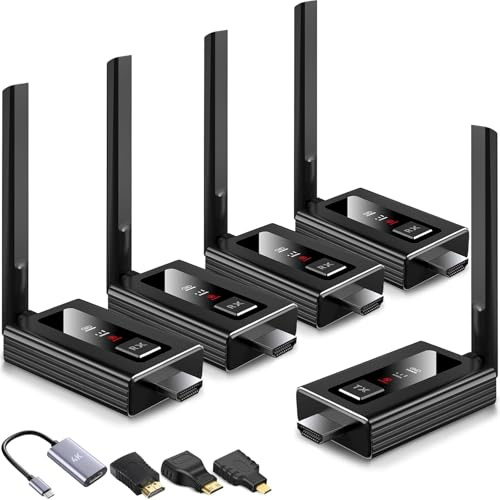 Wireless HDMI transmitter and 4 receivers, 2025 upgraded multi TV extender, plug and play, 5.8G/ 2.4G@60Hz 165FT,HDMI Wireless splitter transfers of videos from laptops/camera to multiple TVs/monitors