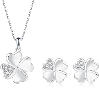 Loutade 925 Sterling Silber Schmuck Set für Damen, 45+5cm Silberkette mit Vierblättriges Kleeblatt Anhänger & 8mm Kleeblatt Ohrstecker Set mit Cubic Zirkonia, Geschenk zum Geburtstag Mutter Tag